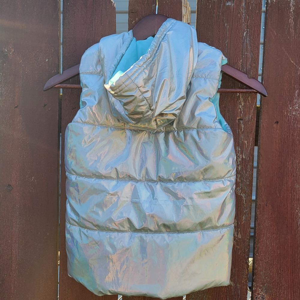 Disney Frozen silver metallic iridescent hooded puffer full zip vest SIZE 6 - Picture 5 of 8